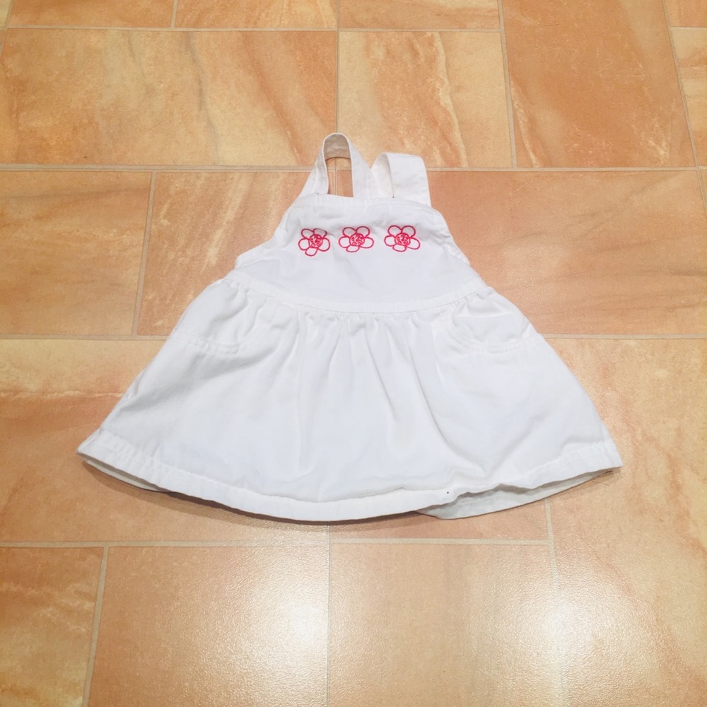 Old Navy Baby Girls White Denim & Red Floral Embroidered Overalls Dress